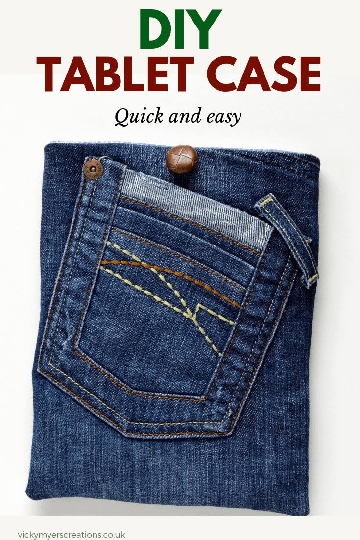 Learn how to make a denim tablet case the perfect fit for your tablet. Upcycle your jeans into a fun tablet cover #freesewingproject #DIYtabletcase