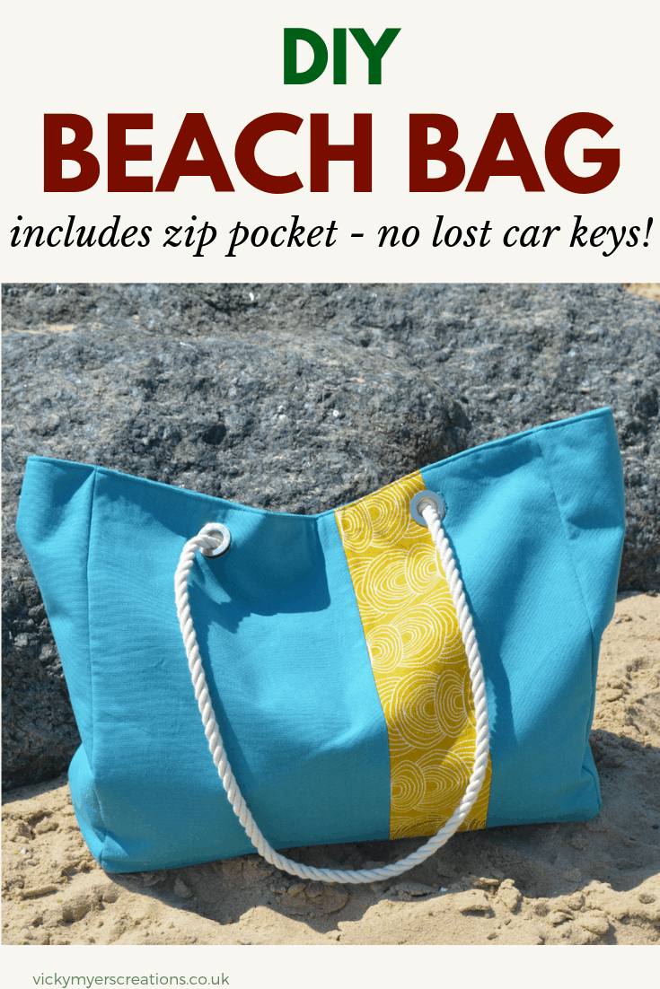 Sew your own large tote beach bag, learn how to make a zip pocket for your car keys plus slip pockets for suntan lotion, drinks etc.. #totebagpattern #DIYbag