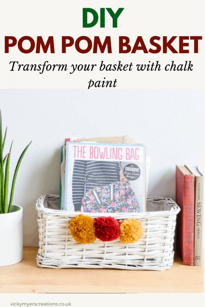 Quick and easy DIY to update a wicker basket with spray chalk paint and handmade pompoms. Upcycle wicker baskets to suit your organization and storage #DIYbasket 
