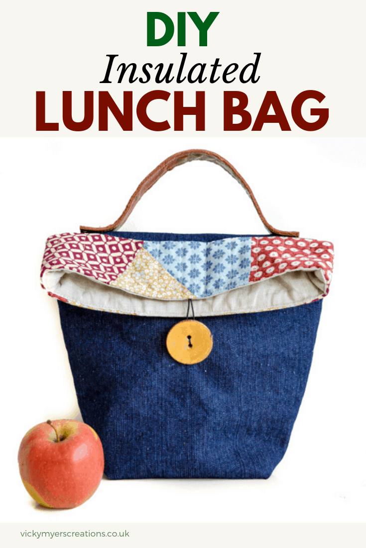 Free pattern and tutorial to sew your own insulated lunch bag. Learn how to make your own stylish and lunch bag from fabric scraps and denim. reusable lunch bag is perfect for carrying food & drinks to school, work, and day trips. This lunch tote features a leather handle with button closure #freebagpattern