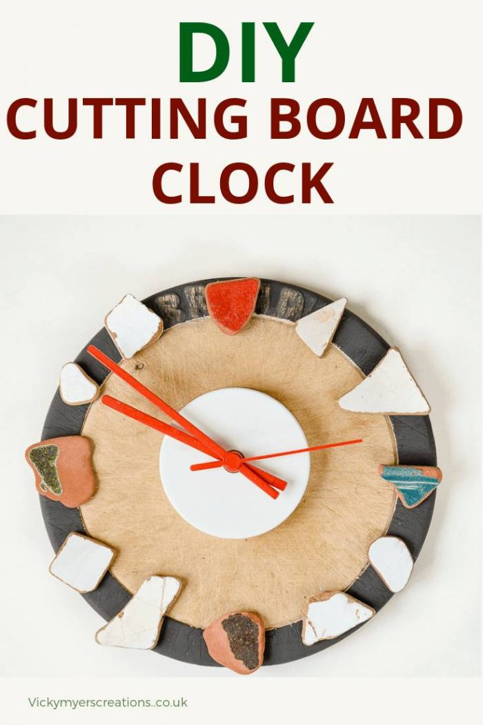 Do you have a favorite collection of sea washed broken tiles? Plus an old chopping board you don't like? Turn them into a clock! DIY a perfect wall clock #DIYClock #Tileclock #upcycle #cuttingboard