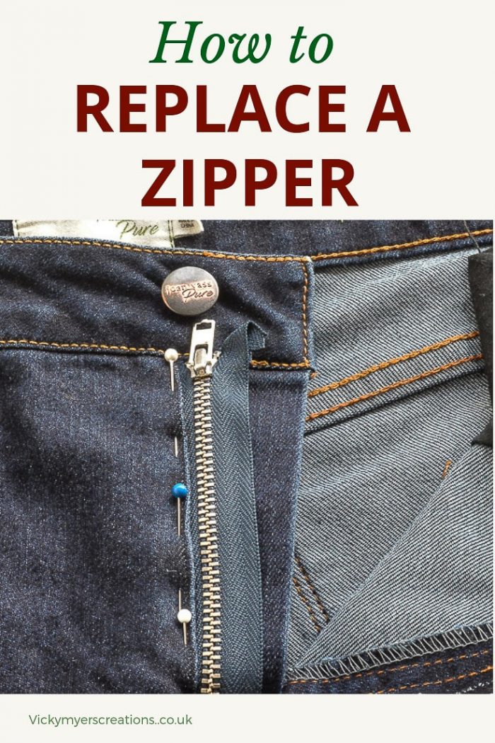 Does the zip need replacing in your favourite jeans? Learn how to easily replace the zipper, keeping all your original top stitching - your jeans will look new. #replacezipper #replacezip #jeansrepair