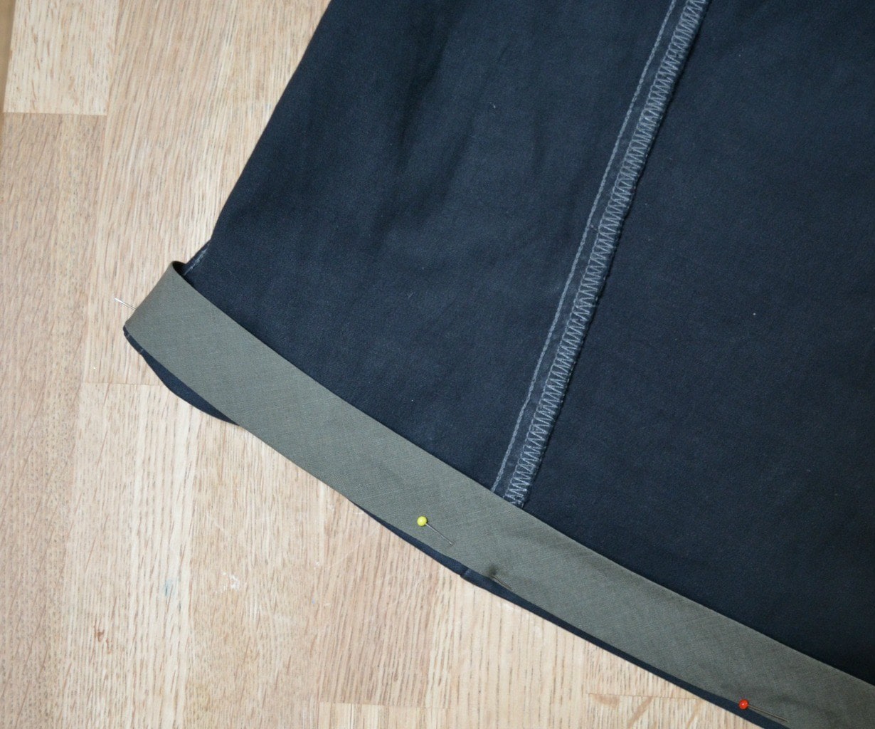 Bias binding for hemming denim skirt VickyMyersCreations