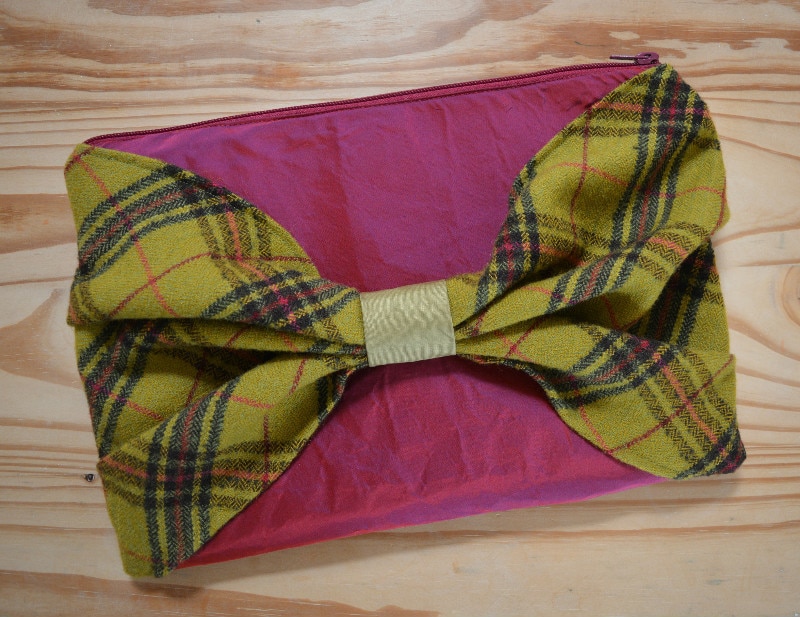 Twed and silk clutch bag, bow clutch made form upcycled materials