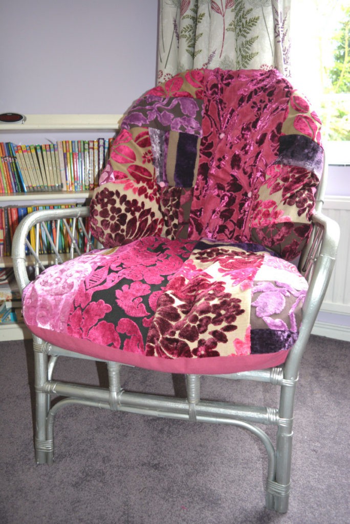 Reupholstered wicker chair, use upholstery fabric pieces to make a truly unique piece - tutorial