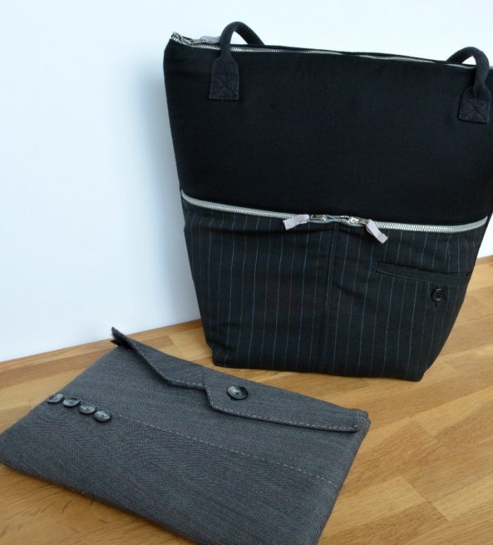 Upcycled suit into work bag and tablet case