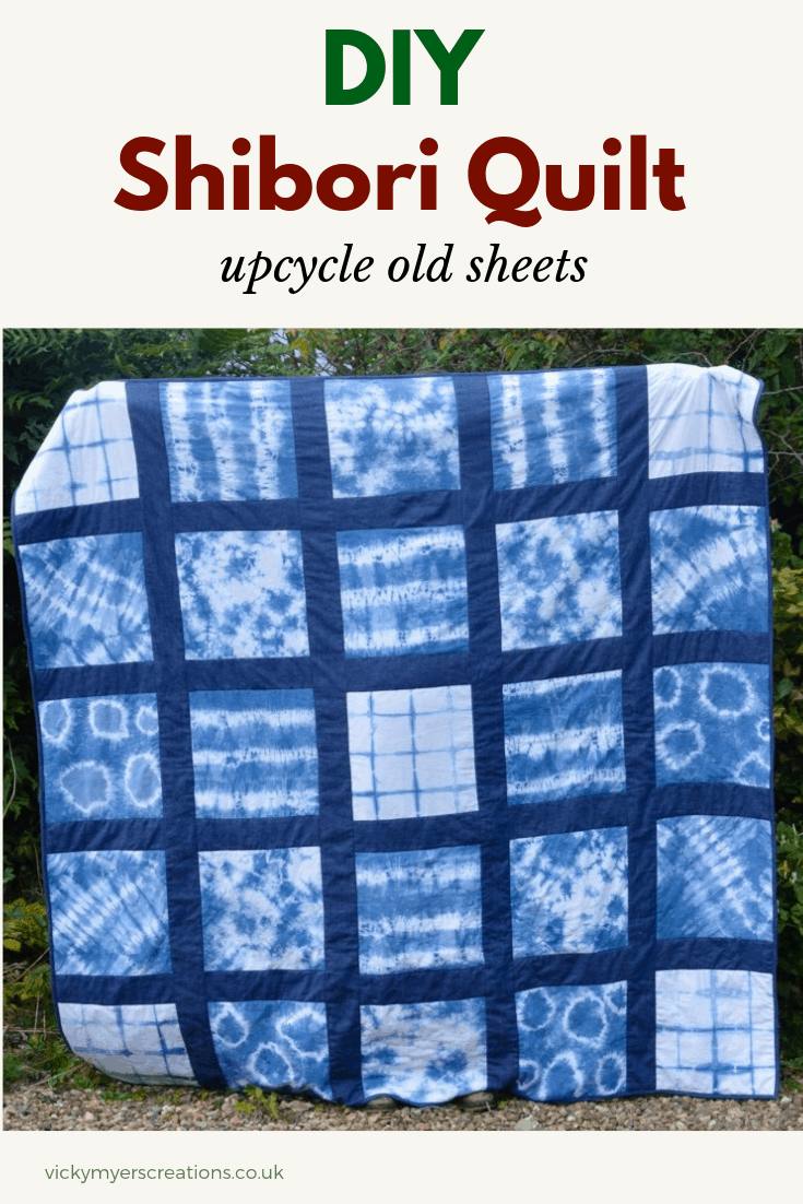 Have fun learning how to make a variety of patterns with indigo dye. with shibori techniques. Create this shibori quilt by upcycling old sheets, step by step tutorial #sewing #quilt #shibori #diy #upcycle 