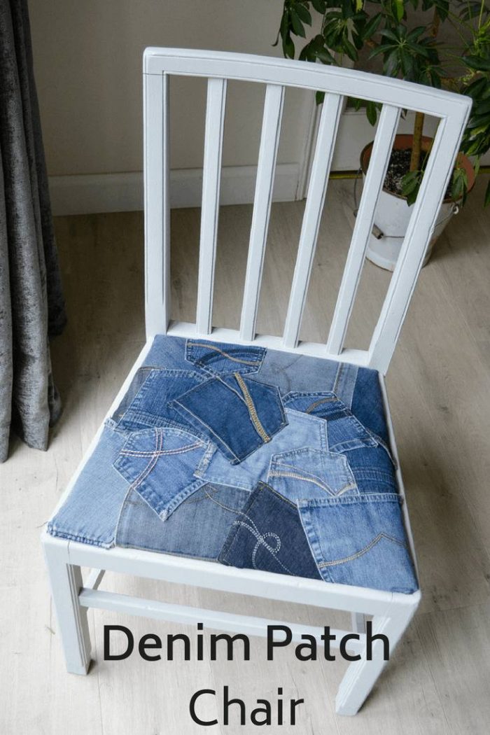 Upcycle a dining room chair with a patchwork of denim pockets #denimpocketcraft #denimfurniture #denim