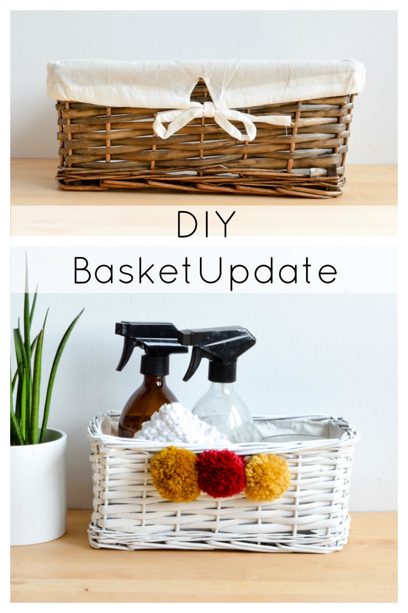 super quick and easy DIY to transform a wicker basket with spray chalk paint and handmade pompoms. Upcycle wicker baskets to suit your decor.