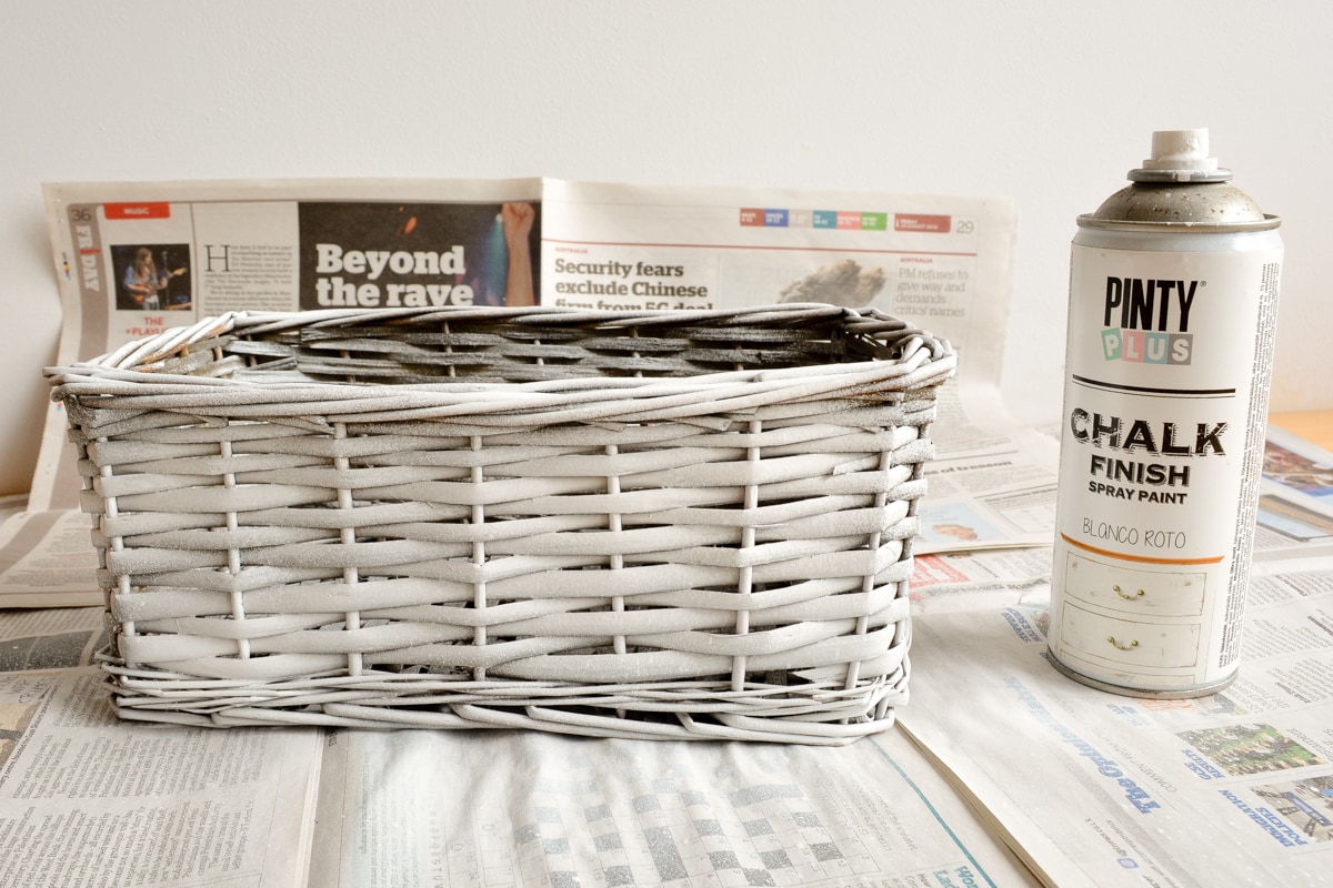 basket with one coats of spray chalk paint