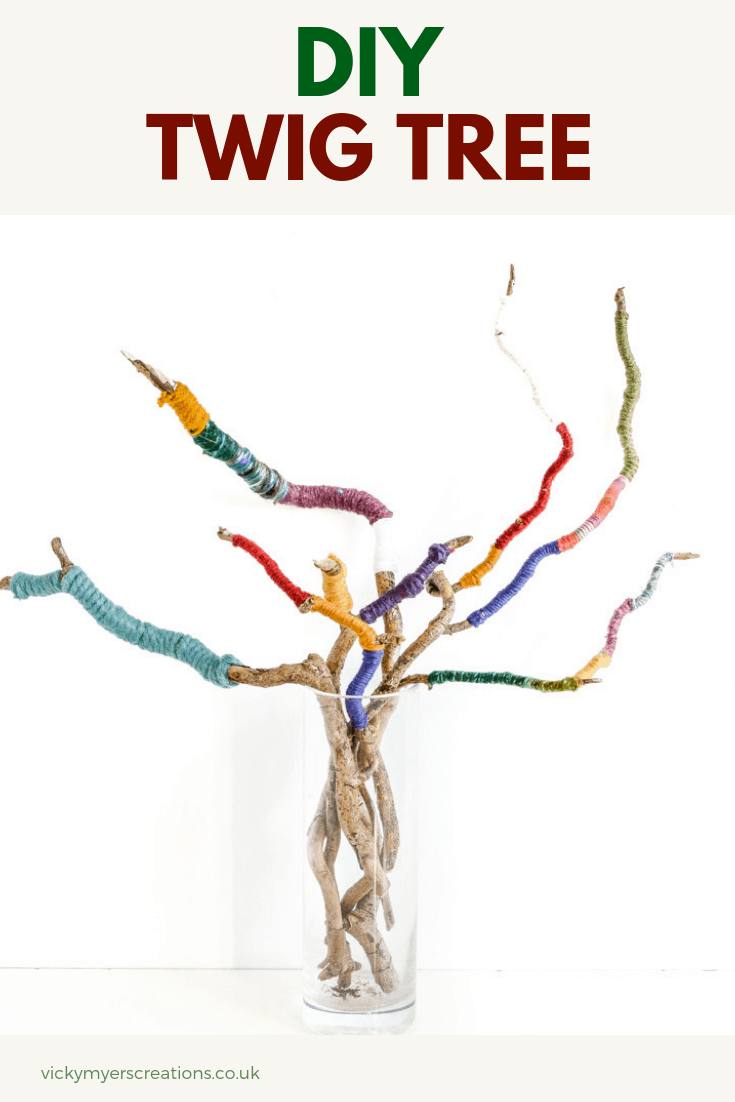 Make a wrapped twig bouquet for an easy and colorful centerpiece! Perfect for yarn odds and ends create this fun upcycled craft for your mantlepiece, bringing nature indoors #homedecor #upcycle #upcycedcraft #twigs #mantlepiecedecor