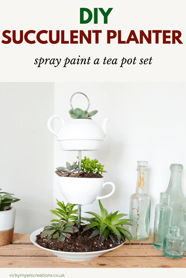 Make a succulent table centerpiece with former crockery, to make a fabulous upcycled indoor DIY planter #DIYsucculentplanter #indoorplanter