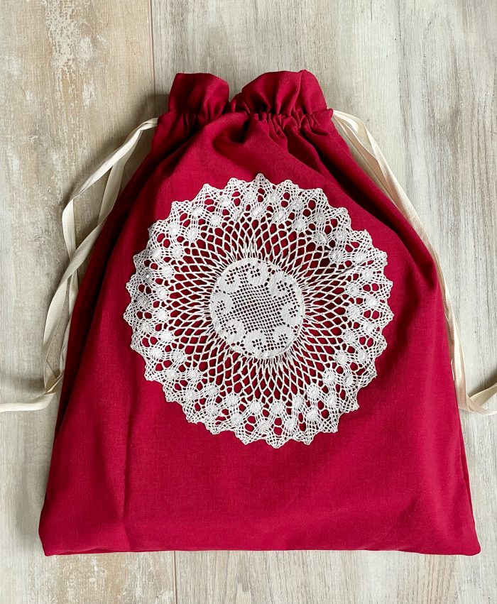 DIY Drawstring Bag with Vintage Crochet Doilies
